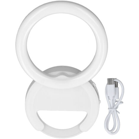 Luce ad anello con clip per telefoni, rotazione di 180°, 3 colori LED, bianco, ideale per selfie su telefoni, tablet e laptop.