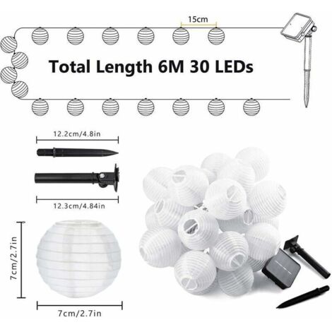 (Luce bianca) Luci a stringa solari da esterno da 6 m, 30 pezzi, impermeabili, 8 modalità, decorazione luminosa solare per giardino, patio, balcone, terrazza, festa, matrimonio