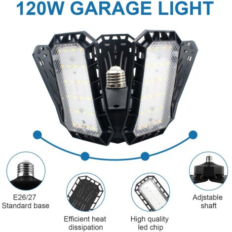 Luce da garage a 5+1 LED, luce da officina regolabile a 5 pannelli da 120 W, E27 super luminosa per magazzino, cantina, cucina (confezione da 2)