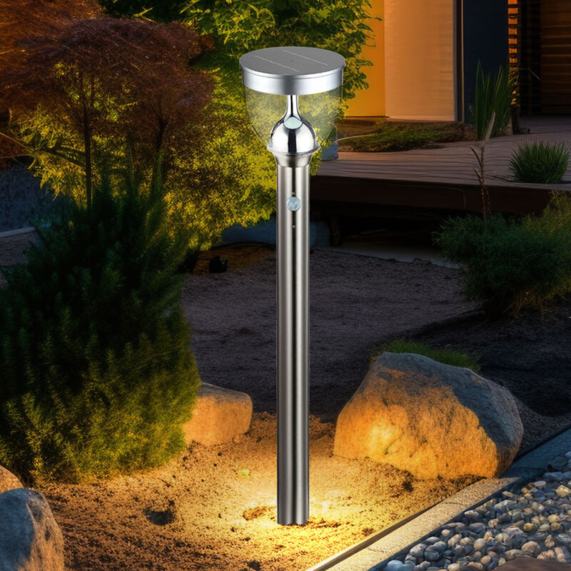 Image of Luce da giardino con rilevatore di movimento Segnapasso LED in acciaio inox da esterno con lampade solari Erspitz per esterno, DxH 16x96 cm