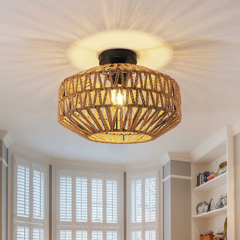 Image of Luce del soffitto vintage E27, luce di sospensione boho in bambù intrecciato max 60w Ø30 cm, sospensione rattan per il corridoio della cucina del