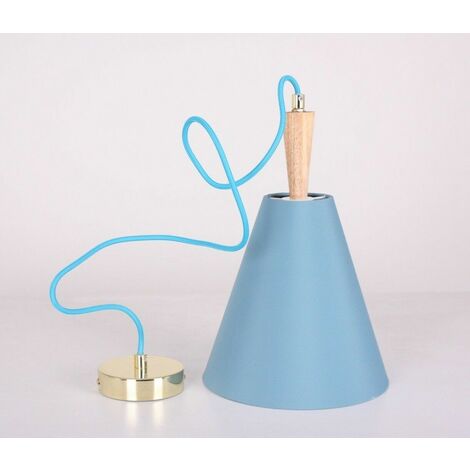 Luce Hanging Blue Ceiling Light with Oak Wood Spindle - Light Modern Desk Led