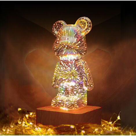Luce notturna a forma di orso con fuochi d'artificio 3D, 8 colori che cambiano, lampada da tavolo a LED, decorazione luminosa, regalo per ragazze e ragazzi