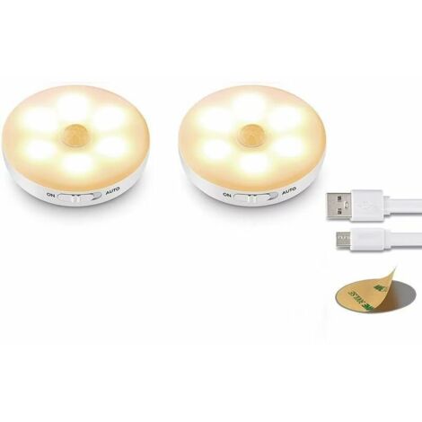 Luce notturna a LED automatica, lampada con sensore di movimento per interni Ternel, 3 modalità (Auto/On/Off), luce per armadio a LED, lampada USB ricaricabile (2 confezioni gialle)