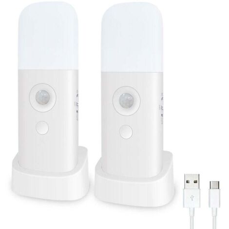 Luce notturna con sensore di movimento [confezione da 2], ricaricabile, portatile, con cavo USB, luce da parete wireless con accensione/spegnimento automatico per armadi, cucina, scale, camera da lett