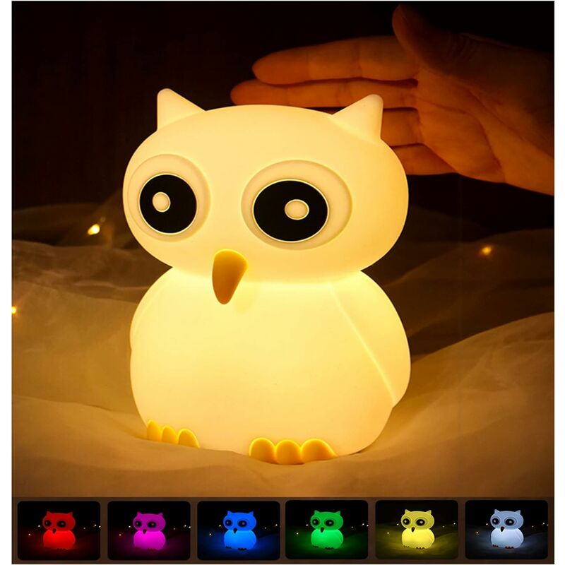 Image of Luce notturna gufo per bambini in silicone multicolore, LED portatile per bebè, 7 modalità di luce che cambiano colore, tocco sensibile, camera da