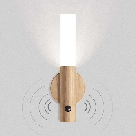 Luce notturna, lampada da parete a LED in legno con sensore di movimento, ricaricabile tramite USB, luce notturna magnetica senza fili, illuminazione bianca