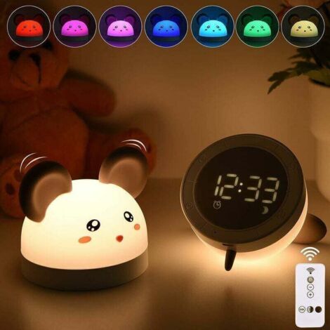Luce notturna per bambini 3 in 1, sveglia e luce notturna, LED a 7 colori, design a forma di mouse portatile, orologio da comodino in silicone, luminosità regolabile