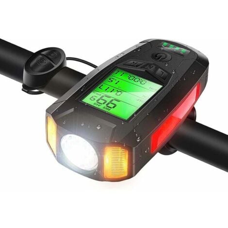 XVX Luce per bici, luce per bici multifunzione con tachimetro, luce per bici impermeabile con modalità di illuminazione ricaricabile tramite USB, 300 lm e campanello forte