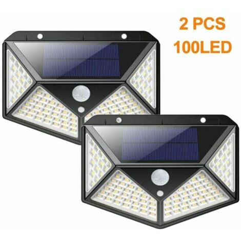 Luce solare da esterno a 100 LED con sensore di movimento a 270° - Luce solare di sicurezza da parete (confezione da 2) in nero