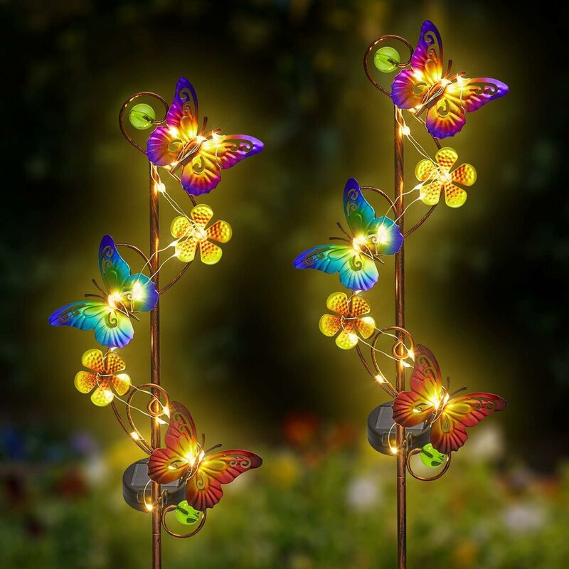 Image of Fortuneville - Luce solare da giardino 2 luci solari tascabili a farfalla per esterno impermeabile ip 44 palo da giardino a farfalla, adatto per
