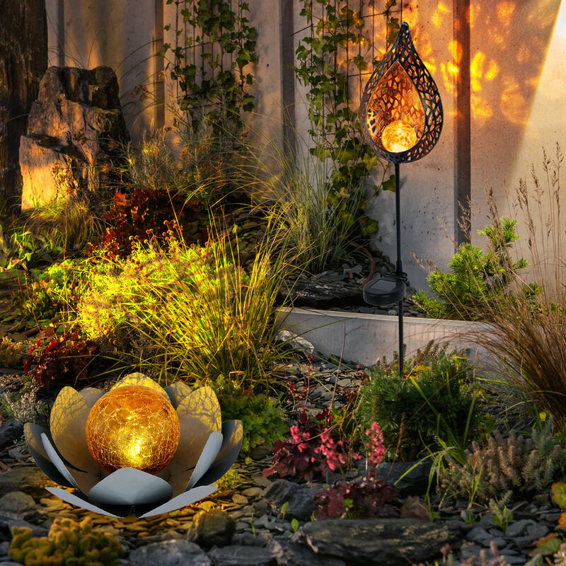 Image of Luce solare fiore di loto lampada solare fiamma orientale decorazione da giardino fiore luminoso, sfera di vetro craquelé, effetto luce, led bianco