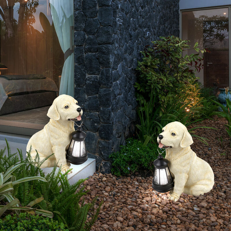 Image of Luce solare, lampada solare, luce esterna, lampada da giardino, cane, batteria resistente alle intemperie IP44, figura con lanterna, bianco beige, 1x