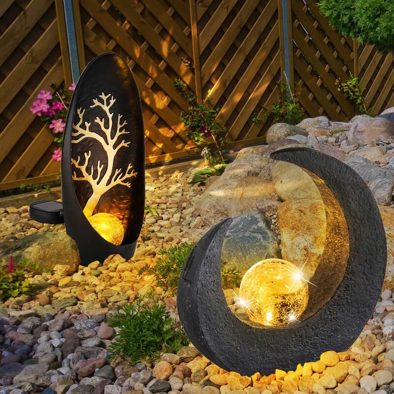 Image of Luce solare luna decorazione da giardino scultura lampade solari per esterni luce da giardino solare, sfera ottica in vetro rotto, IP44, LED, set di 2