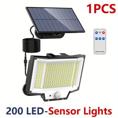 Luce solare per esterni con sensore di movimento, luce solare per esterni con telecomando, 1800 mAh, 3 modalità, impermeabile IP65, illuminazione solare per esterni da giardino con cavo da 5 m, 200 LE