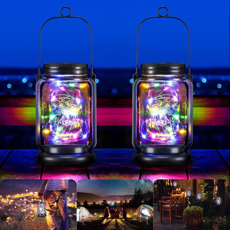 luces solares para patio, luces LED colgantes en frasco de vidrio, impermeables, ideales para porches y fiestas (luz de colores)