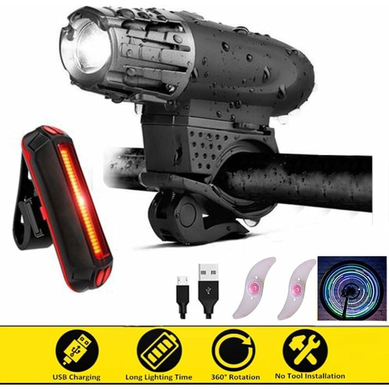

Luces de bicicleta delanteras y traseras, luz de bicicleta LED impermeable recargable con cable USB, 4 modos ajustables + 2 luces de carrera gratuitas