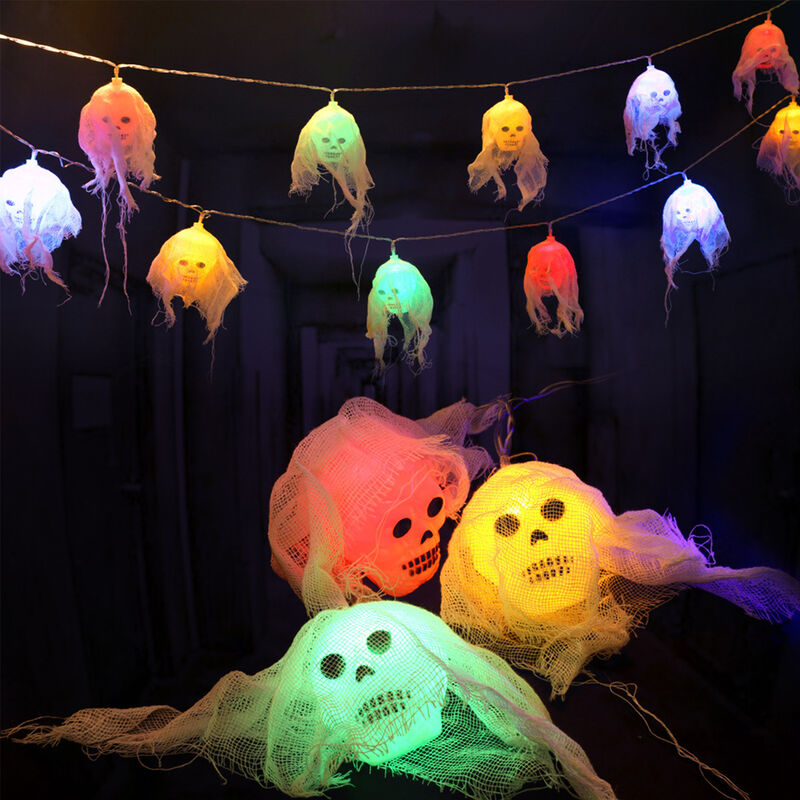 

8 pies de luces de cadena de calavera de Halloween 10 LED Luces de esqueleto fantasma con pilas Luz colgante de calavera espeluznante Luces de