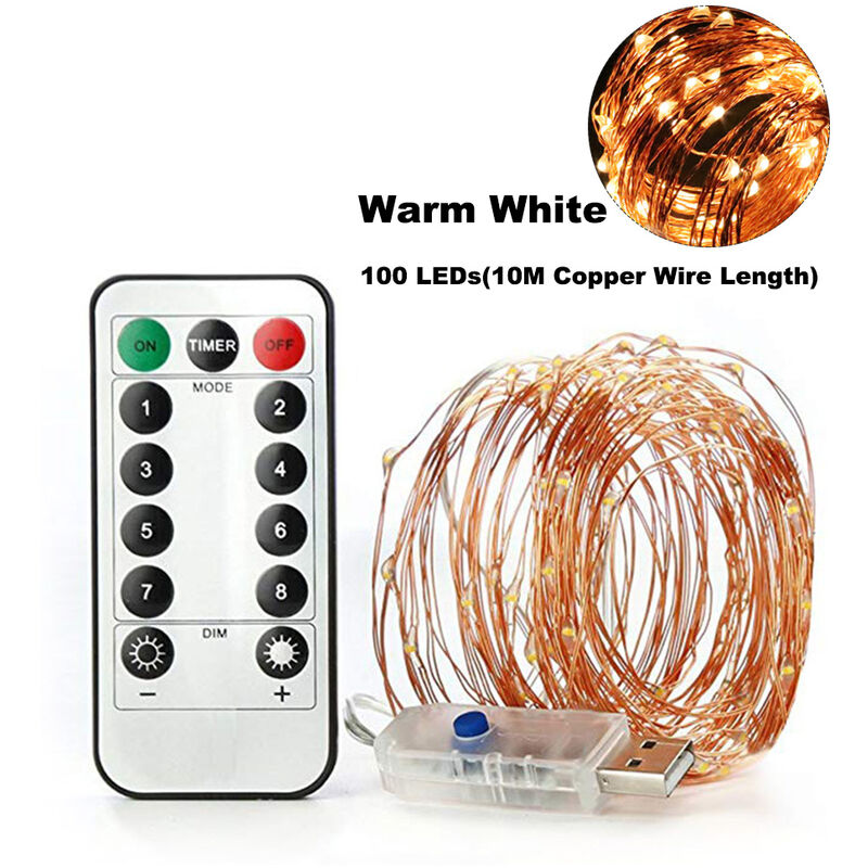 

Luces de cadena de hadas LED, lampara de alambre de cobre USB, luces de Navidad,Blanco calido, 10 m de longitud