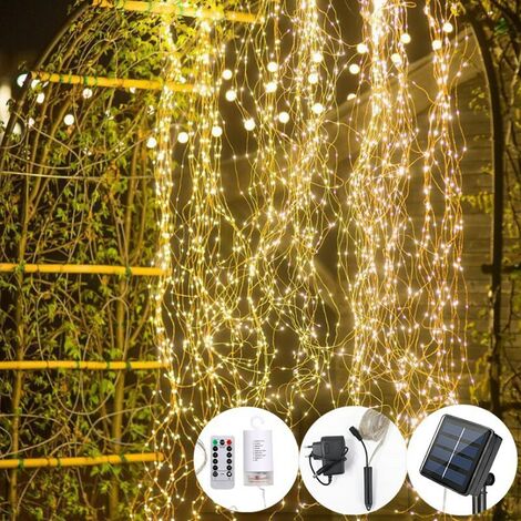 Luces de cascada, 200 luces LED solares para exteriores, 8 modos de luz solar, cadena de luces decorativas impermeables IP65 para jardín, patio, boda, Navidad (blanco cálido)