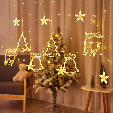 Luces de cortina, cortina de cuerda de árbol LED Luces de Navidad decorativas Campana de cervatillo Luz de hadas de Navidad para interior Fiesta de Navidad al aire libre, Decoración de fiesta de boda