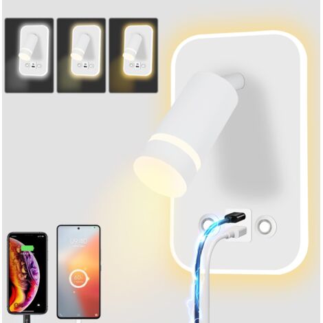 Luces de espejo de pared con carga USB, apliques de pared LED ajustables con interruptor, lámpara de lectura regulable con cambio de color