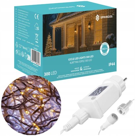 SPRINGOS LUCES DE ESTALACTITAS DE NAVIDAD 300LED CORTINA DE LUZ FLASH EXTERIOR BLANCO CONTROL REMOTO