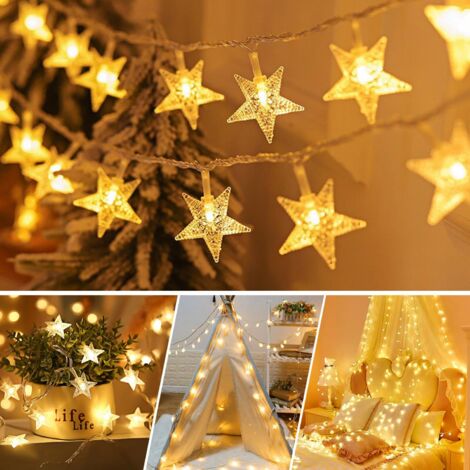 Luces de hadas de estrellas que funcionan con pilas - Luces de hadas de interior de 3 m y 20 LED de color blanco cálido para ventanas con función siempre encendida e intermitente para dormitorio, jard