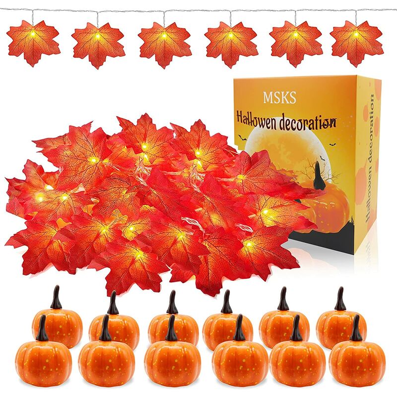 

Luces de hadas de hoja de arce, calabaza artificial de luz LED de hoja de arce de Halloween, baterías de hojas de otoño 3M-20LED, corona de otoño
