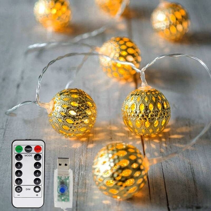 

Luces de hadas LED, 20 guirnaldas LED marroquíes 3M 8 modos regulables con control remoto, guirnaldas de bolas navideñas orientales con USB NO