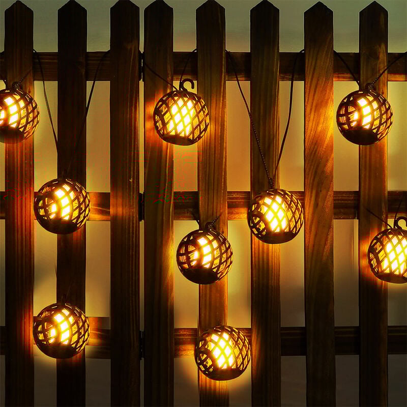 

Luces de hadas solares LED decoración de balcón solar exterior con linternas en forma de bola y efecto fuego, negro, blanco, LED blanco cálido, L 410