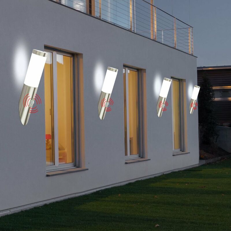 

4 luces de pared, lámparas para exteriores, detector de movimiento de iluminación de acero inoxidable en un juego que incluye fuentes de luz LED