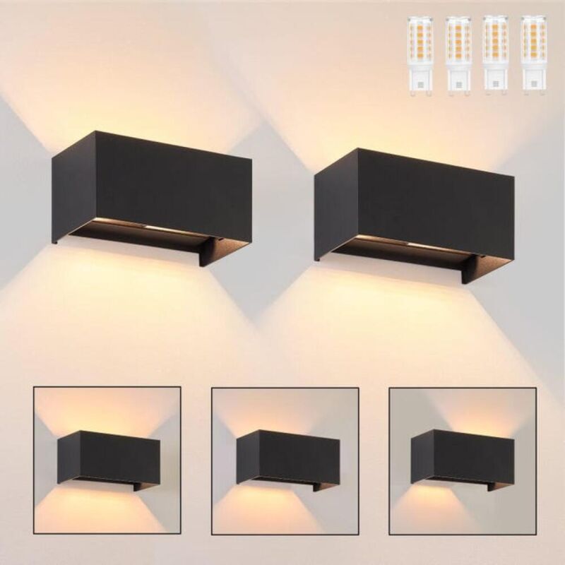 Luces de pared LED negras con clasificación IP65 (paquete de 2), luz blanca cálida regulable, adecuadas para salas de estar, jardines y patios