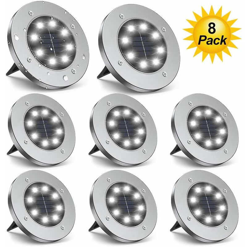 

Luces de suelo solares, 8 luces de disco LED, luces de jardín al aire libre mejoradas, luces de paisaje de camino de césped, pasarela de patio,