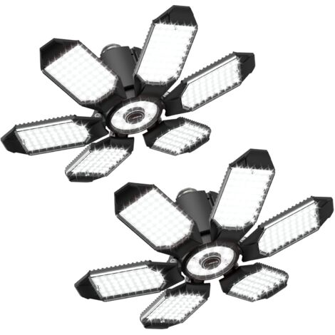 Luces de techo para garaje - Paquete de 2 luces LED brillantes y ajustables para sótano, 20 000 lm, 6 paneles transformables, 6500 K, con rosca para taller, compatible con portalámparas E26 y E27, par