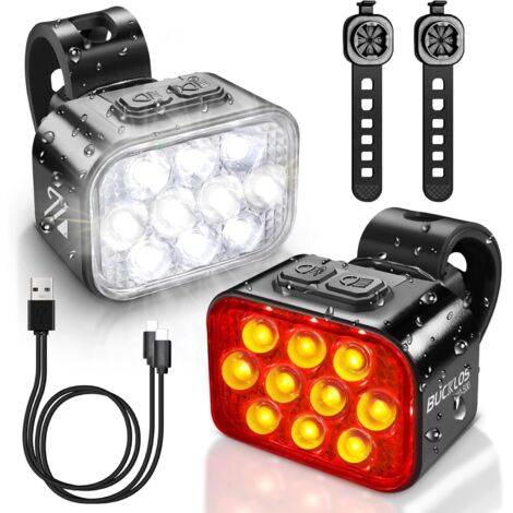Luces delanteras y traseras para bicicleta para conducción nocturna, 10 LED ultrabrillantes, 8 + 9 modos, luz delantera y trasera recargables por USB, resistencia al agua IPX6, batería de 1100 mAh, 35