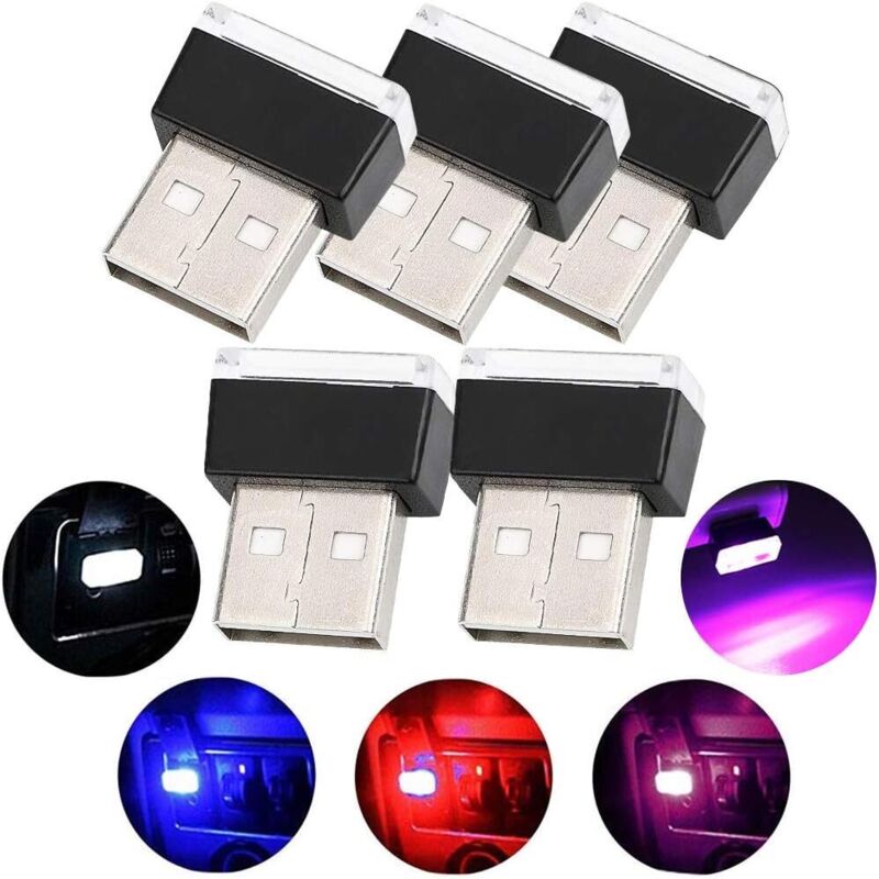 Jalleria - Luces interiores usb para coche, 5 miniluces led universales, luces led de ambiente (5 colores: rojo, azul, rosa, blanco y azul hielo)