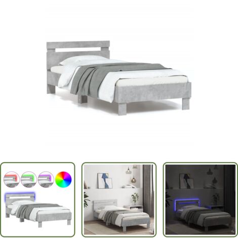 Luces LED -  Estructura de cama cabecero luces LED gris hormigón 90x200 cm