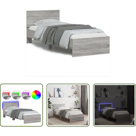 Luces LED -  Estructura de cama cabecero luces LED gris Sonoma 90x200 cm