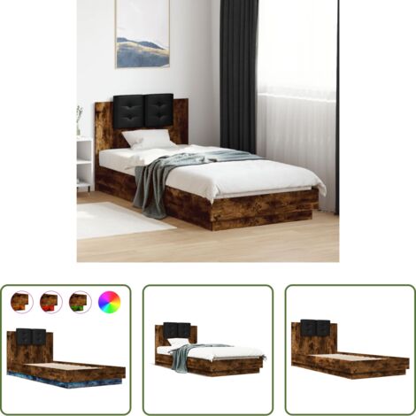 Luces LED -  Estructura de cama cabecero luces LED roble ahumado 100x200 cm