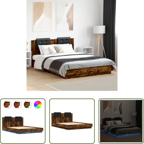 Luces LED -  Estructura de cama cabecero luces LED roble ahumado 120x200 cm