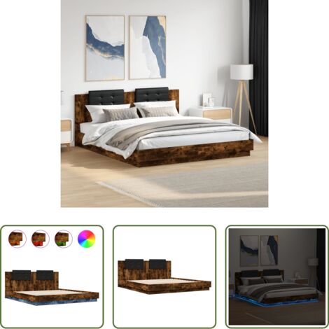 Luces LED -  Estructura de cama cabecero luces LED roble ahumado 200x200 cm