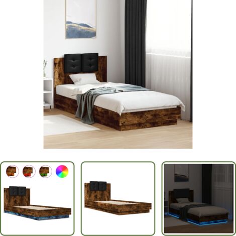 Luces LED -  Estructura de cama cabecero luces LED roble ahumado 90x200 cm
