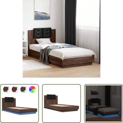 Luces LED -  Estructura de cama cabecero luces LED roble marrón 100x200 cm
