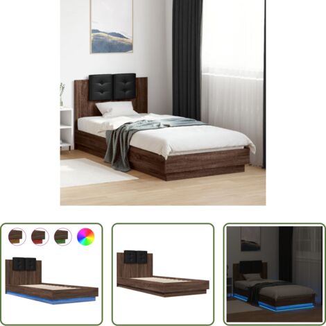 Luces LED -  Estructura de cama cabecero luces LED roble marrón 90x200 cm