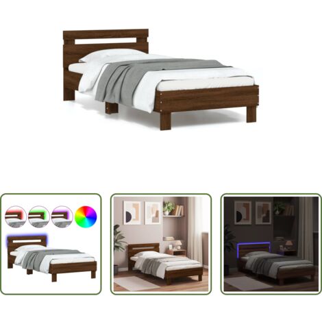Luces LED -  Estructura de cama cabecero luces LED roble marrón 90x200 cm