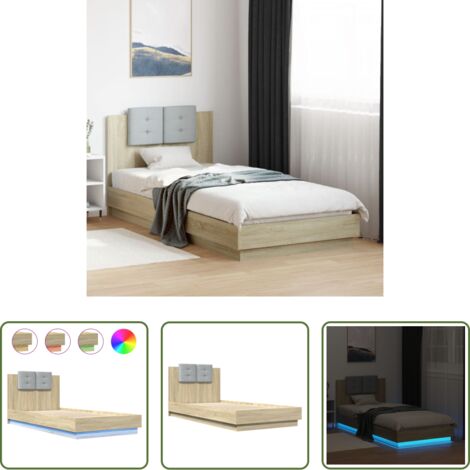 Luces LED -  Estructura de cama cabecero luces LED roble Sonoma 100x200 cm