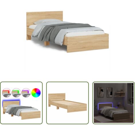 Luces LED -  Estructura de cama cabecero luces LED roble Sonoma 100x200 cm