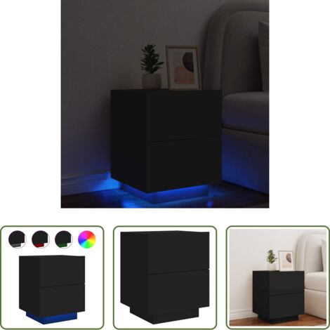 Luces LED -  Mesita de noche con luces LED madera de ingeniería negra
