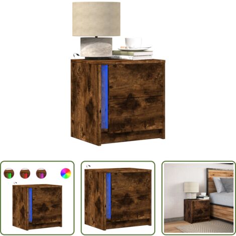 Luces LED -  Mesita de noche con luces LED madera ingeniería roble ahumado